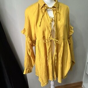 Urban Outfitters Womens‎ S Peasant Blouse Cotton Yellow Tie Front Boho  A3